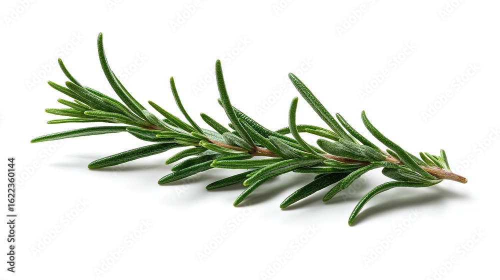 Fototapeta premium Single sprig of fresh green rosemary with needle - like leaves on pure white background, emphasizing natural botanical features