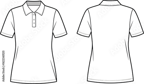 Classic women polo shirt, front and back view, short sleeve collar tee, vector flat sketch, cad drawing fashion template