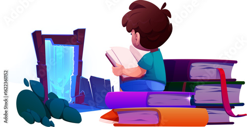 Boy Sitting on Stack of Books