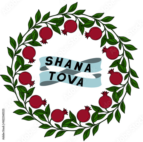 Rosh Hashanah vector illustration a circular wreath of pomegranate branches with leaves and a ribbon banner saying Shana Tova, perfect for festive designs and greetings.