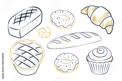 Delicious Bakery Assortment: a tempting array of freshly baked goods that evoke warmth, flavor, and the comforting aroma of a traditional bakery, featuring a loaf of bread, donut, croissant, bun.