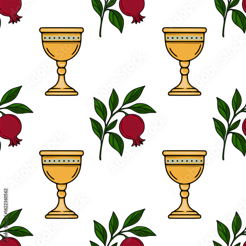 Seamless vector pattern featuring golden goblets and pomegranate branches, a unique design ideal for Rosh Hashanah celebrations or Jewish-themed projects.