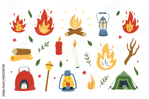 Campfire Elements Illustration: Captivating illustration of campfire elements, a curated collection showcasing bonfire in a serene setting, inviting warmth and outdoor fun.