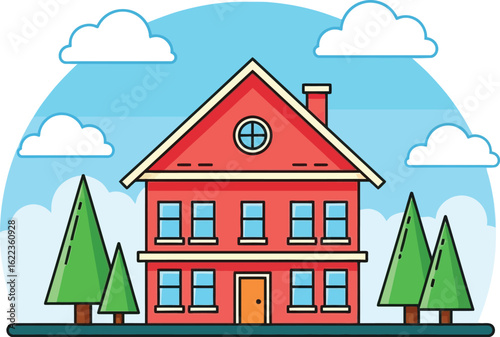 Cartoon house vector illustration with trees and clouds in bright colors