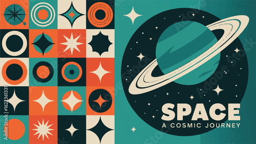 Retro space illustration with planet and geometric shapes saturn
