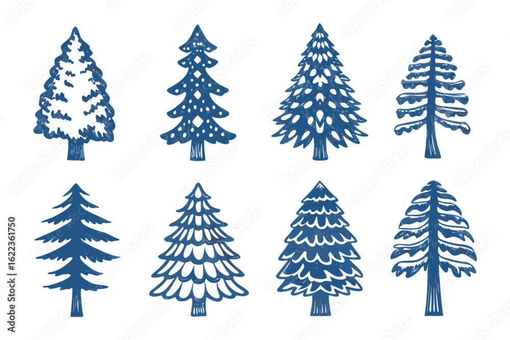 Obraz premium Evergreen Forest Array: An illustration of various evergreen trees. Featuring intricate detailing and a palette of blue hues, it's a celebration of design and nature.