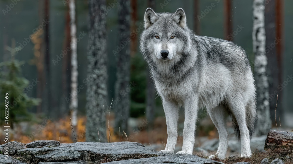 Fototapeta premium Gray wolf stands alert in a misty forest