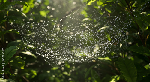 Dew Covered Spider Web Among Green Leaves in Natural Environment