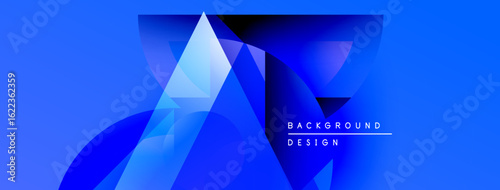 Abstract blue geometric shapes overlap, creating dynamic visual effect. Gradient colors enhance depth, modern design aesthetic.