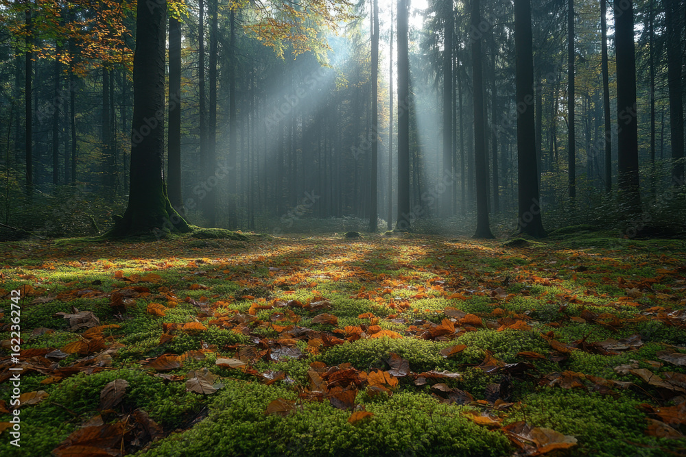 Fototapeta premium Sunbeams filtering through leaves in a forest.