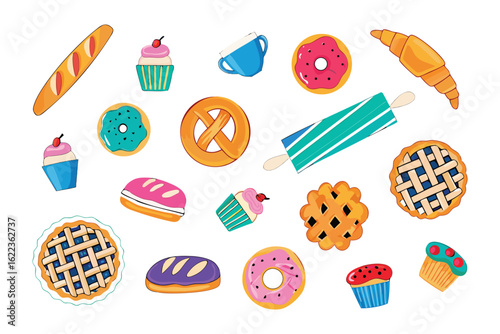 Delicious Baked Goods Assortment: A delightful assortment of bakery delights, including cupcakes, donuts, croissants, and pies.