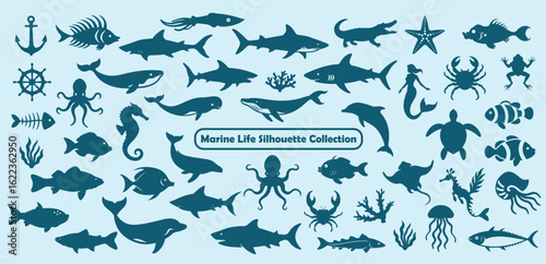 Explore a vibrant marine world with this diverse silhouette collection perfect for ocean-themed designs and nautical projects, offering endless creative options