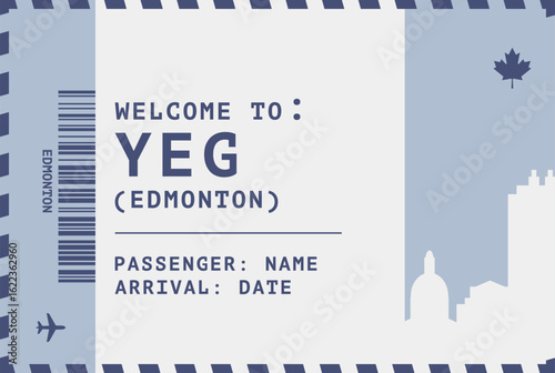Welcome to Edmonton, Canada card template. Vector boarding pass style postcard illustration with airport code, city skyline, flight info. Luggage tag image layout