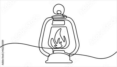 Abstract vintage kerosene lamp or lantern,continuous one line art hand drawing sketch, Kerosene lantern one line continuous. Single continuous line drawing vintage camping lantern on white background.
