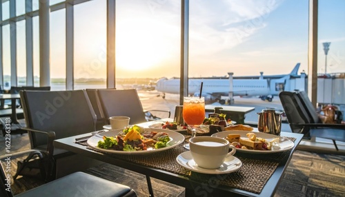 Airport lounge breakfast scene