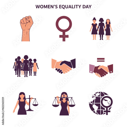 Vector art of collection of icons representing womens equality day, including symbols of power, justice, and solidarity isolated on white background
