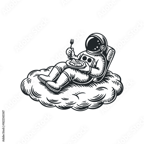 Astronaut enjoys meal while relaxing on a cloud in outer space