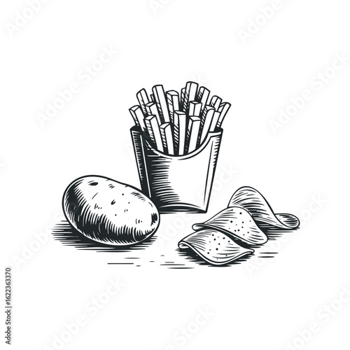 Delicious fried snacks on display with potatoes and chips