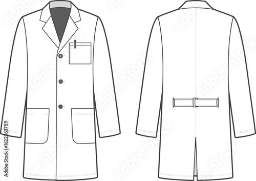 Lab coat flat sketch, medical uniform cad drawing, front and back view, technical fashion illustration, vector template for clothing design
