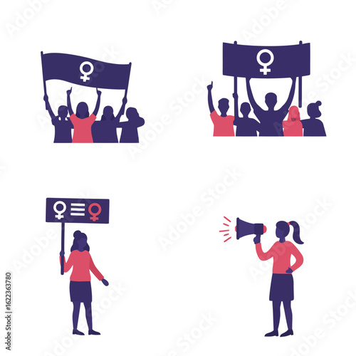 Vector art of group of women protesting with banners and megaphones, advocating for gender equality isolated on white background