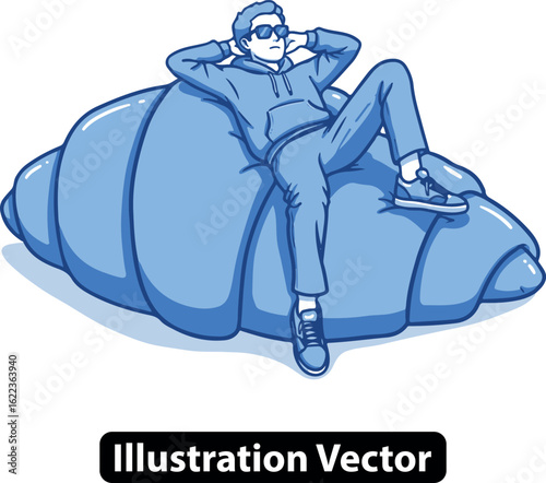 A casual young man with sunglasses relaxing on a giant croissant in a fun vector art style