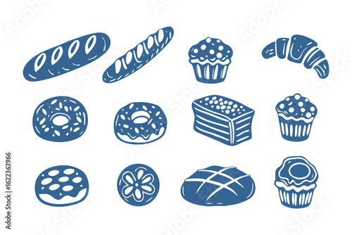 Assortment of bakery products: A detailed artistic compilation of bakery products illustration, offering a delightful overview of fresh pastries and bread.
