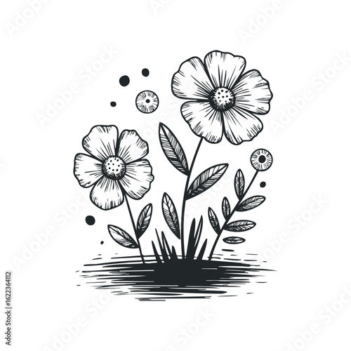 Hand drawn black and white floral design