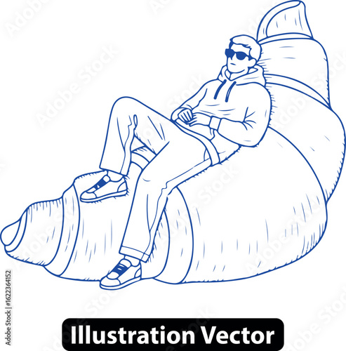 Casual young man in sunglasses and a hoodie enjoying a relaxing break on a giant croissant.