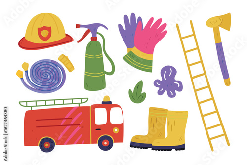 Firefighter's Essentials: A flat, colorful illustration of essential firefighter tools and equipment, ready for action and emergency response.