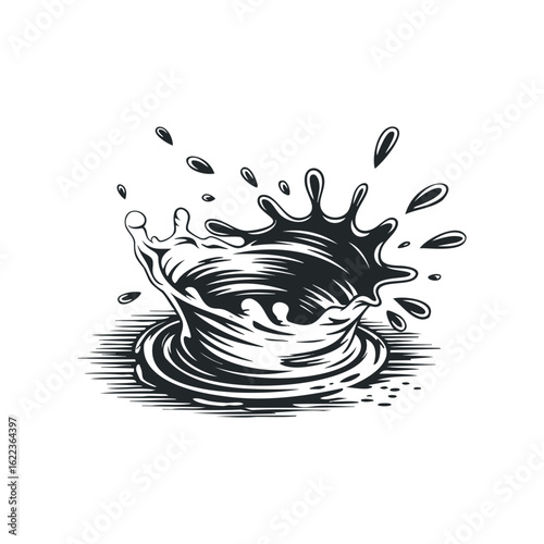 Water splash creates dynamic circles and droplets on white background