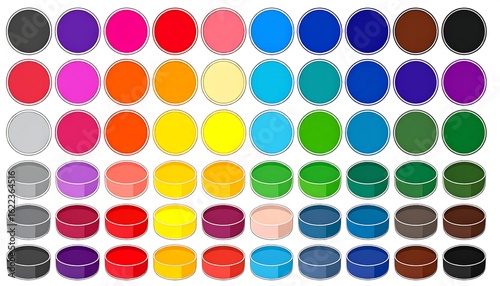 A grid showcases an array of vibrant colored cylindrical paint containers, each subtly distinct in hue, arranged systematically against a stark white backdrop