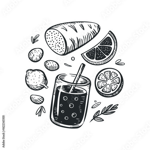 Refreshing drink with lemon and lime, accompanied by bread