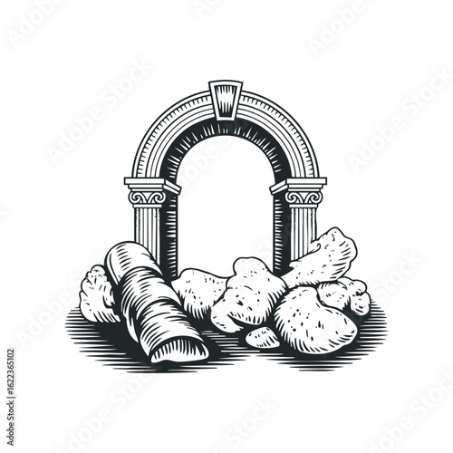 Detailed engraving of an ancient archway with stones