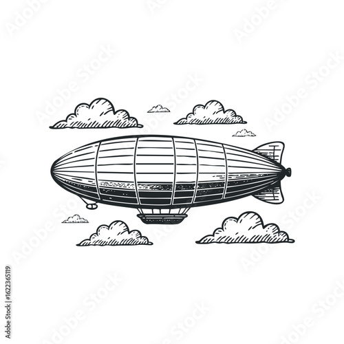 Vintage airship gliding through fluffy clouds in a clear sky