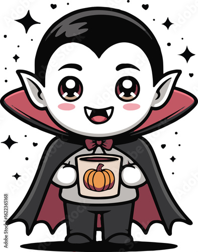 Cute cartoon vampire holding a pumpkin coffee isolated on white background