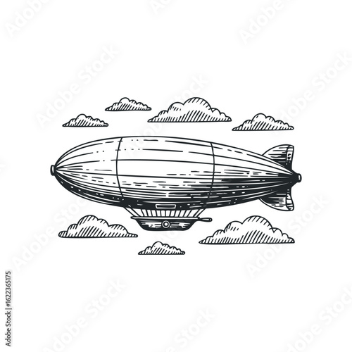 Airship gliding through clouds in a clear sky above