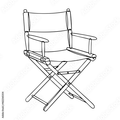 Vector line art of a classic director's chair with fabric seat and backrest, foldable wooden frame, and armrests