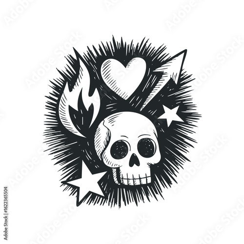 Skull with flames and heart in a striking graphic design