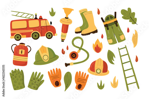 Firefighter Essentials: A stylized illustration presents an array of firefighting tools, including a fire truck, helmet, gear, and hose. A vibrant illustration capturing bravery, protection.