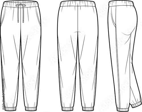 Men’s jogger pants front back side technical sketch, fashion flat template, casual wear cad drawing, cad drawing flat vector illustration
