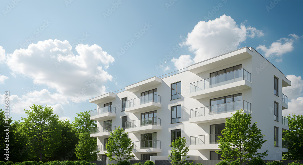 Fototapeta premium Modern White Apartment Building with Balconies Surrounded by Green Trees and Blue Sky