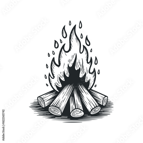 Fire blazing over stacked logs in a campsite setting