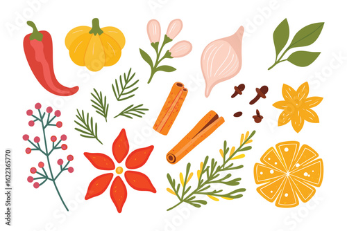A Festive Culinary Palette: An artistic arrangement of various festive spices and food items including chilli, cinnamon, flower, leaves, all in bright colors.