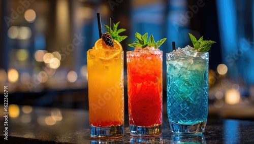 Three brightly colored cocktails, orange, red, and blue, garnished with fruit and mint, stand on a bar