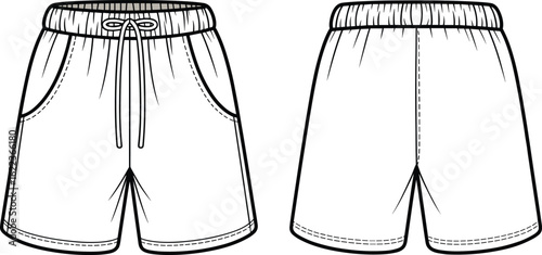 Men's casual drawstring shorts flat sketch, front and back view, vector template, fashion cad drawing, technical design, summer wear