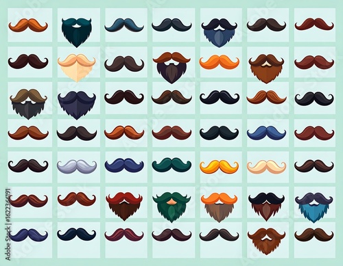 A grid showcasing a variety of illustrated mustaches and beards in diverse colors and styles