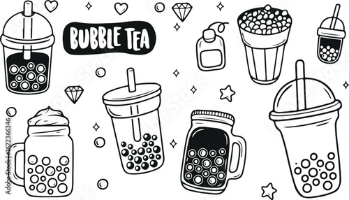  Bubble Tea & Snack Doodle Set – Boba, Milk Tea, Cup, Straw, French Fries, Drink, Sweet, Hand Drawn, Cute, Beverage, Food Icon, Fun, Black and White, Sketch, Minimal, Cafe, Fast Food