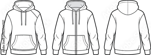 Men's pullover and zip up hoodie front and back views, technical fashion sketch, hoodie cad drawing flat vector illustration