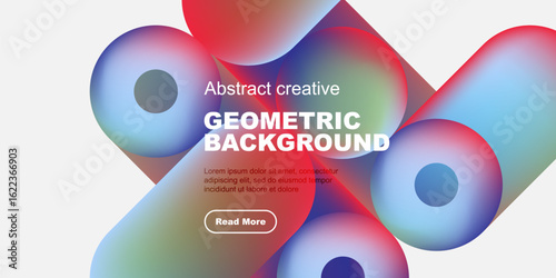 Abstract geometric background features vibrant blue, red gradients. Text overlay includes sample content, button. Modern design elements present.