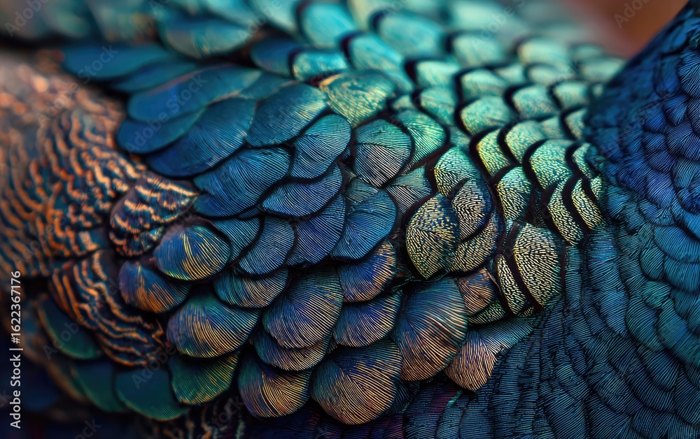 Obraz premium Close-up view of iridescent, overlapping bird feathers